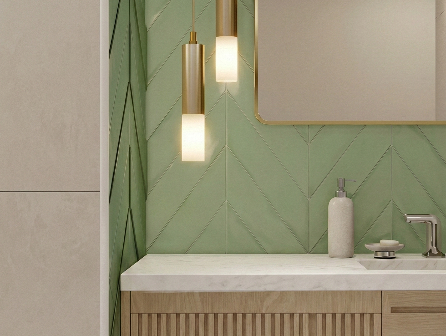 Modern powder room featuring a green geometric tiled wall, light wood vanity with a white countertop, metal faucet, and two cylindrical pendant lights next to a mirror.