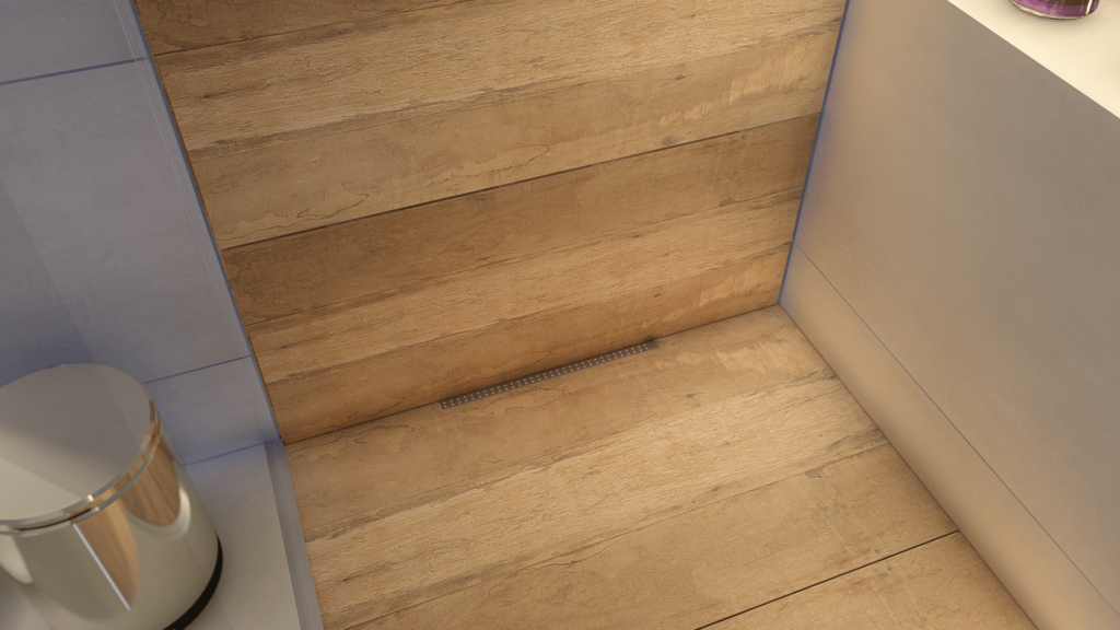 Ralo linear Tecnoperfil na arquitetura de alto padrão, embutido em box com piso amadeirado, com drenagem contínua e discreta.