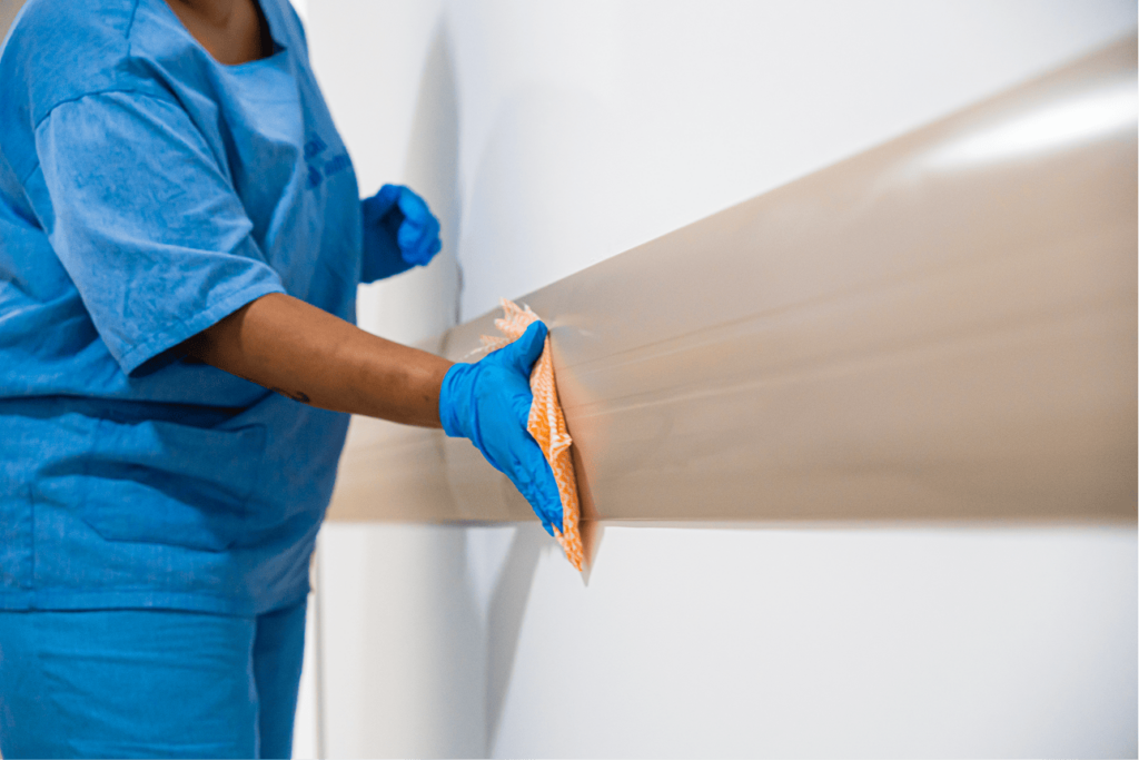 Profissional com luvas azuis higienizando protetor de parede bege em ambiente hospitalar.