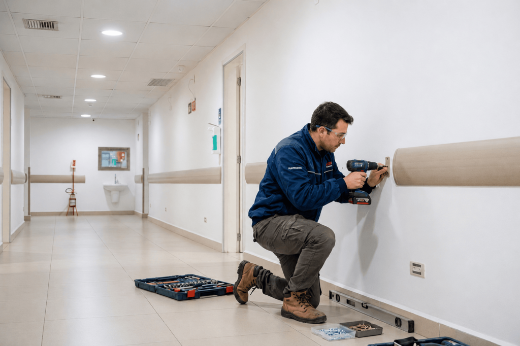 Instalador fixando protetor de parede amadeirado em corredor institucional com furadeira e ferramentas no chão.