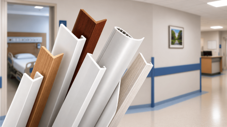 Perfis de PVC brancos e com acabamento amadeirado em tons claros e escuros, dispostos em leque, com formatos angulares, canais e superfícies curvas. Ao fundo, corredor hospitalar desfocado com protetores de parede azuis e uma porta aberta com leito visível.